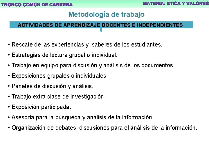 Metodología de trabajo ACTIVIDADES DE APRENDIZAJE DOCENTES E INDEPENDIENTES • Rescate de las experiencias