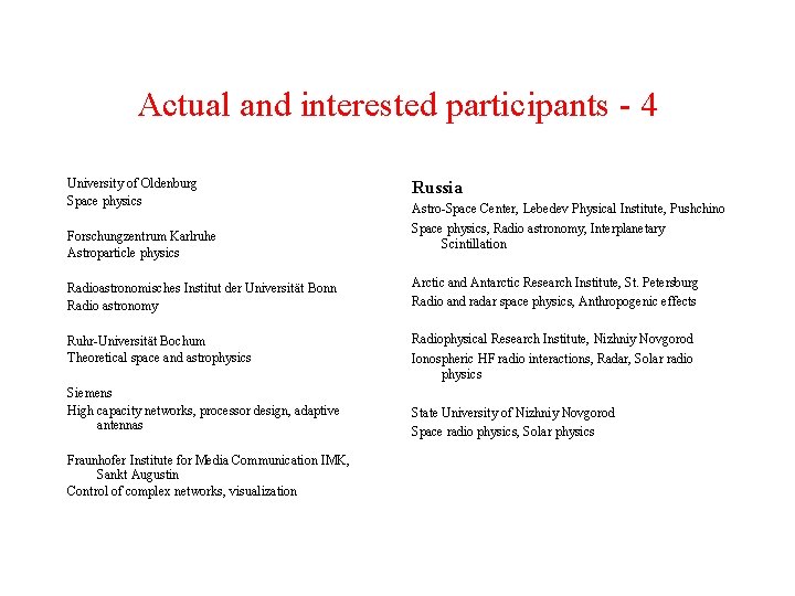 Actual and interested participants - 4 University of Oldenburg Space physics Forschungzentrum Karlruhe Astroparticle