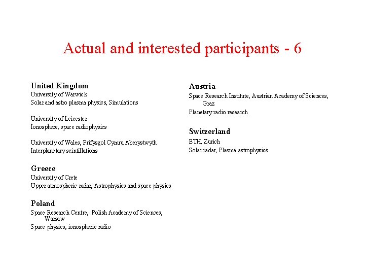 Actual and interested participants - 6 United Kingdom Austria University of Warwick Solar and