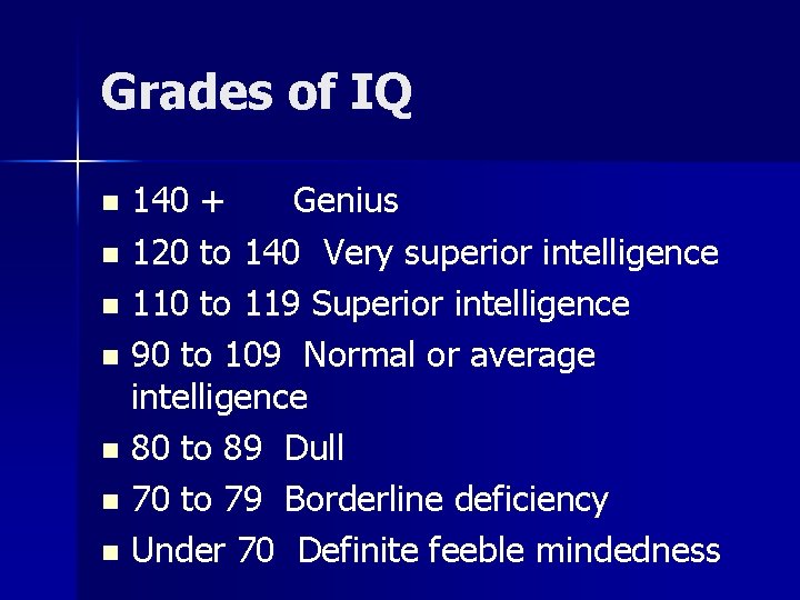 Grades of IQ 140 + Genius n 120 to 140 Very superior intelligence n