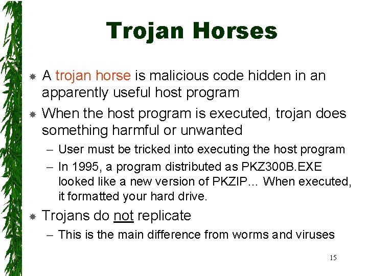 Trojan Horses A trojan horse is malicious code hidden in an apparently useful host