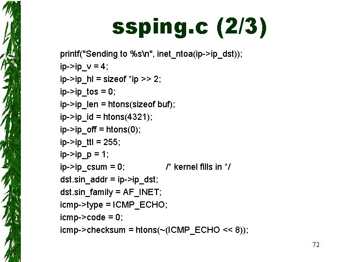 ssping. c (2/3) printf("Sending to %sn", inet_ntoa(ip->ip_dst)); ip->ip_v = 4; ip->ip_hl = sizeof *ip