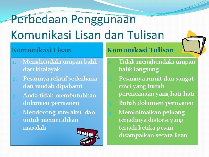 Perbedaan Penggunaan Komunikasi Lisan dan Tulisan Komunikasi Lisan Komunikasi Tulisan Menghendaki umpan balik dari