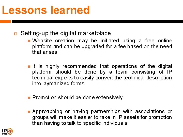 Lessons learned Setting-up the digital marketplace Website creation may be initiated using a free