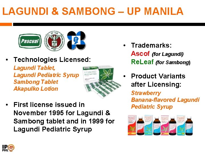 LAGUNDI & SAMBONG – UP MANILA • Technologies Licensed: Lagundi Tablet, Lagundi Pediatric Syrup