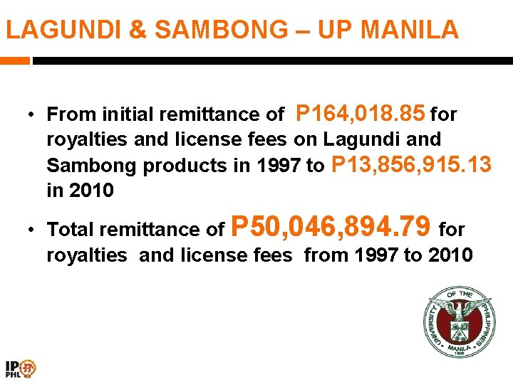 LAGUNDI & SAMBONG – UP MANILA • From initial remittance of P 164, 018.