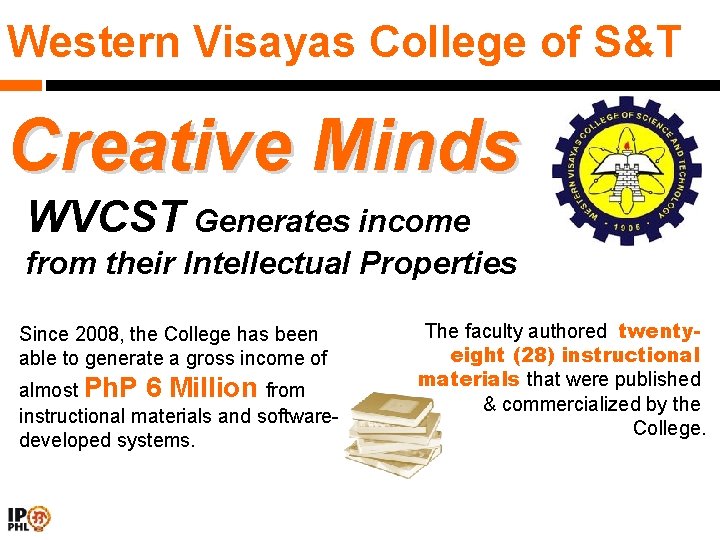 Western Visayas College of S&T Creative Minds WVCST Generates income from their Intellectual Properties