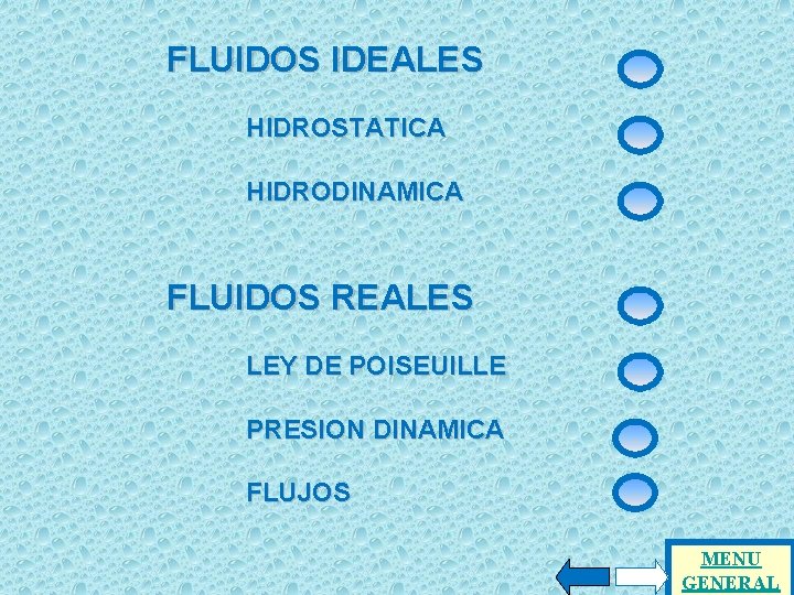 FLUIDOS IDEALES HIDROSTATICA HIDRODINAMICA FLUIDOS REALES LEY DE POISEUILLE PRESION DINAMICA FLUJOS MENU GENERAL
