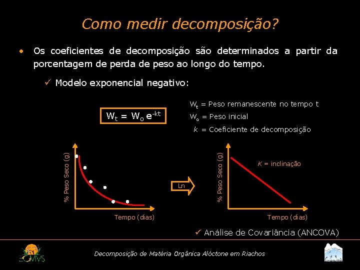 Como medir decomposição? • Os coeficientes de decomposição são determinados a partir da porcentagem