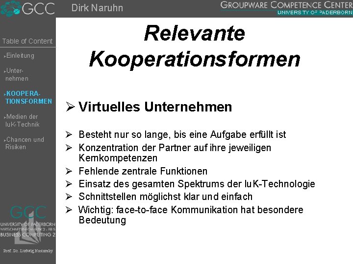 Dirk Naruhn Table of Content Einleitung Ø Unternehmen Ø KOOPERATIONSFORMEN Relevante Kooperationsformen Ø Medien