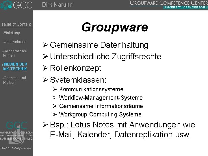 Dirk Naruhn Groupware Table of Content Einleitung Ø Unternehmen Ø Kooperationsformen Ø MEDIEN DER