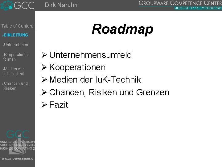 Dirk Naruhn Table of Content EINLEITUNG Ø Roadmap Unternehmen Ø Kooperationsformen Ø Medien der