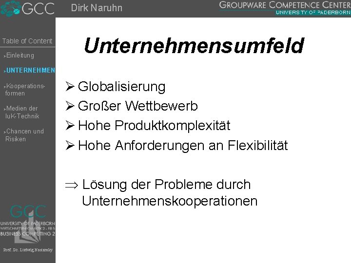 Dirk Naruhn Table of Content Einleitung Ø Unternehmensumfeld UNTERNEHMEN Ø Kooperationsformen Ø Medien der