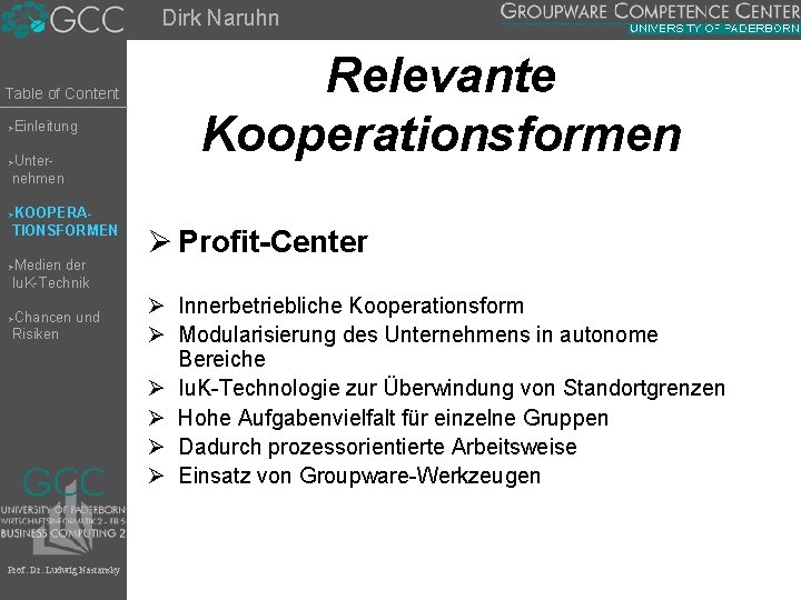 Dirk Naruhn Table of Content Einleitung Ø Unternehmen Ø KOOPERATIONSFORMEN Relevante Kooperationsformen Ø Medien