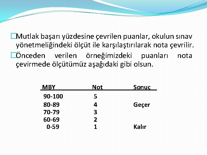 �Mutlak başarı yüzdesine çevrilen puanlar, okulun sınav yönetmeliğindeki ölçüt ile karşılaştırılarak nota çevrilir. �Önceden