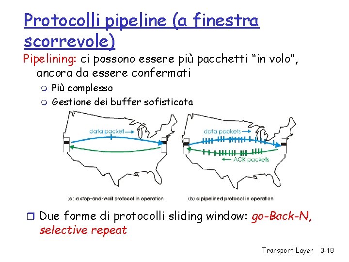 Protocolli pipeline (a finestra scorrevole) Pipelining: ci possono essere più pacchetti “in volo”, ancora