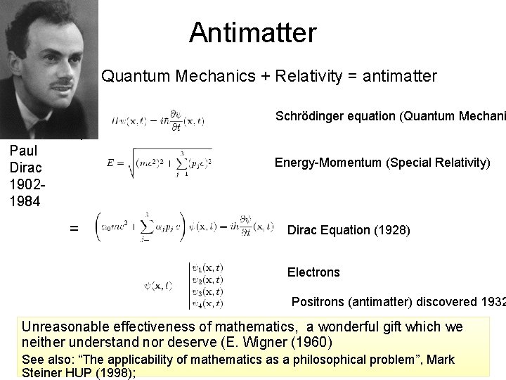Antimatter Quantum Mechanics + Relativity = antimatter Schrödinger equation (Quantum Mechani Paul + Energy-Momentum