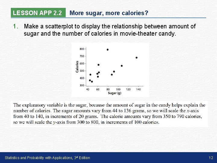 LESSON APP 2. 2 More sugar, more calories? 1. Make a scatterplot to display