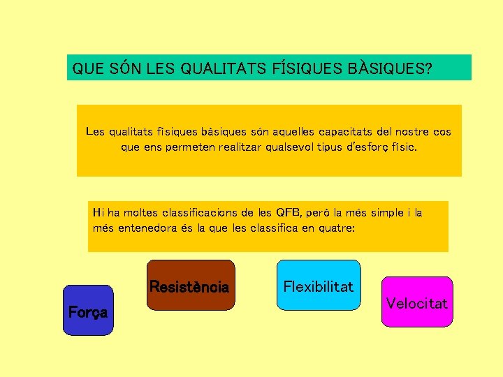 QUE SÓN LES QUALITATS FÍSIQUES BÀSIQUES? Les qualitats físiques bàsiques són aquelles capacitats del