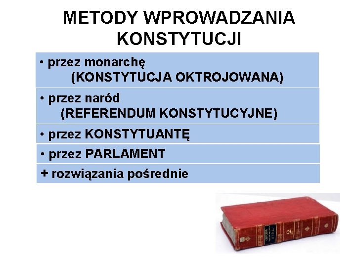 METODY WPROWADZANIA KONSTYTUCJI • przez monarchę (KONSTYTUCJA OKTROJOWANA) • przez naród (REFERENDUM KONSTYTUCYJNE) •