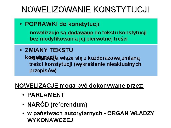 NOWELIZOWANIE KONSTYTUCJI • POPRAWKI do konstytucji nowelizacje są dodawane do tekstu konstytucji bez modyfikowania