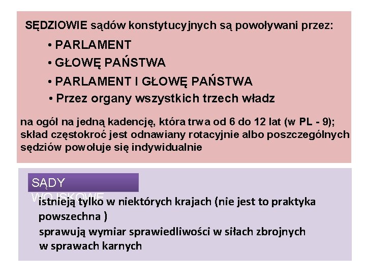 SĘDZIOWIE sądów konstytucyjnych są powoływani przez: • PARLAMENT • GŁOWĘ PAŃSTWA • PARLAMENT I