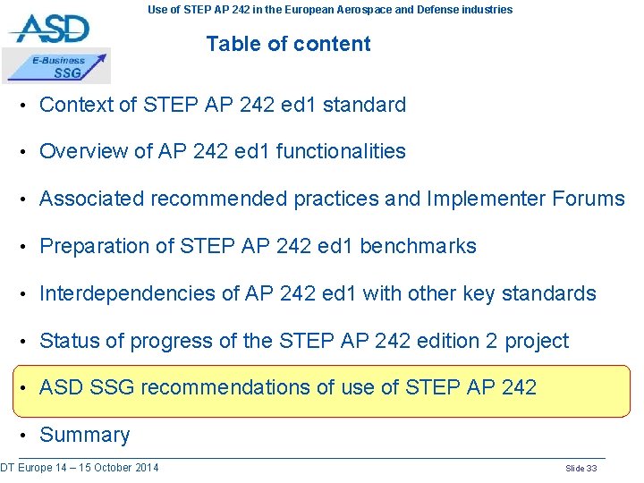 Use of STEP AP 242 in the European Aerospace and Defense industries Table of