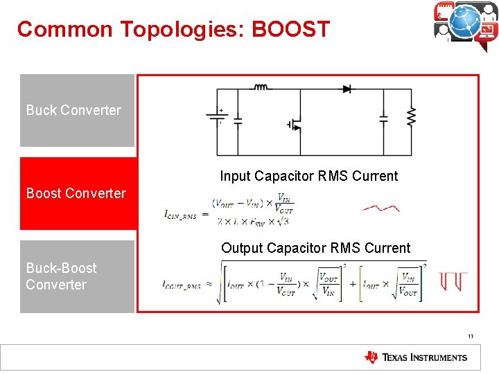 Common Topologies: BOOST Buck Converter Input Capacitor RMS Current Boost Converter Output Capacitor RMS Common Topologies: BOOST Buck Converter Input Capacitor RMS Current Boost Converter Output Capacitor RMS