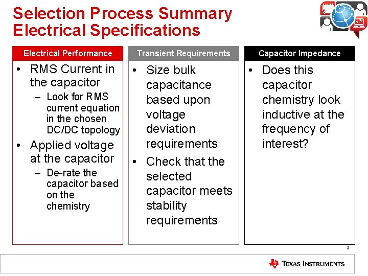 Selection Process Summary Electrical Specifications Electrical Performance • RMS Current in the capacitor Transient Selection Process Summary Electrical Specifications Electrical Performance • RMS Current in the capacitor Transient