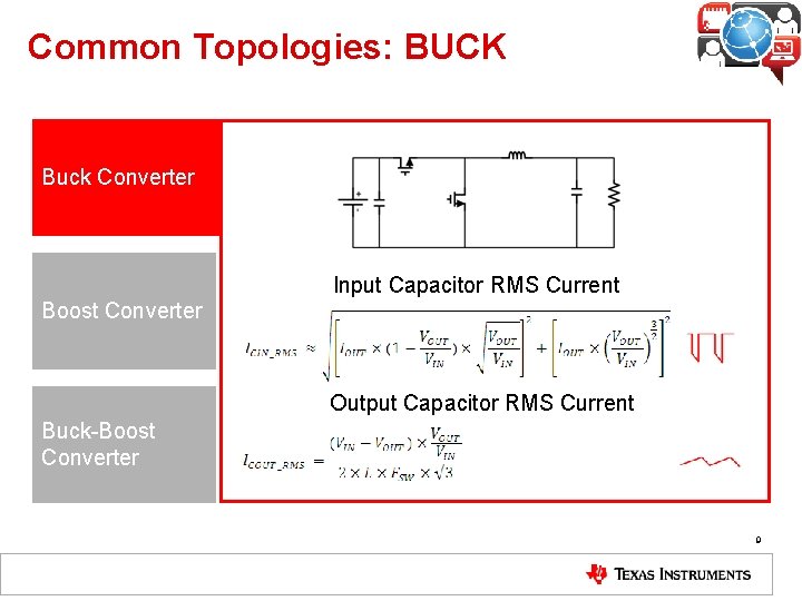 Common Topologies: BUCK Buck Converter Input Capacitor RMS Current Boost Converter Output Capacitor RMS Common Topologies: BUCK Buck Converter Input Capacitor RMS Current Boost Converter Output Capacitor RMS