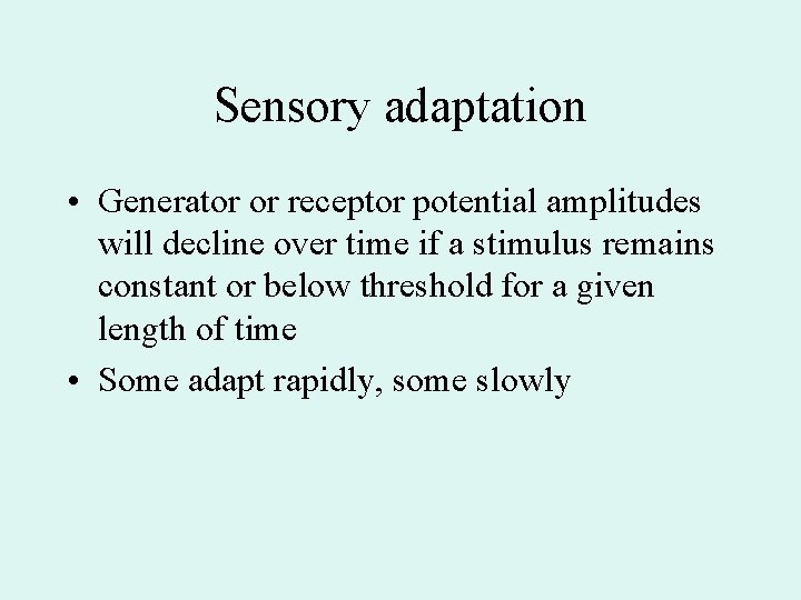 Sensory adaptation • Generator or receptor potential amplitudes will decline over time if a