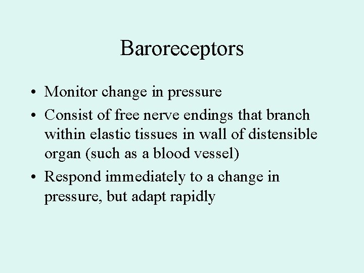 Baroreceptors • Monitor change in pressure • Consist of free nerve endings that branch