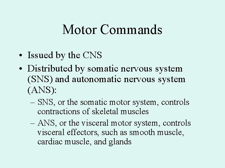 Motor Commands • Issued by the CNS • Distributed by somatic nervous system (SNS)