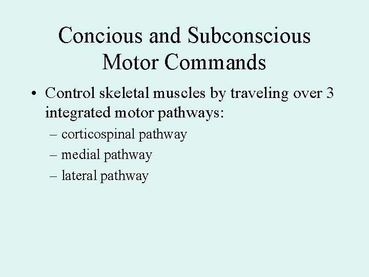 Concious and Subconscious Motor Commands • Control skeletal muscles by traveling over 3 integrated