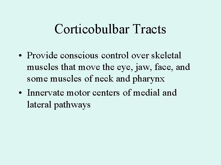 Corticobulbar Tracts • Provide conscious control over skeletal muscles that move the eye, jaw,