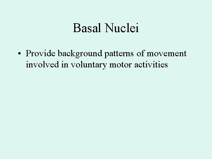 Basal Nuclei • Provide background patterns of movement involved in voluntary motor activities 