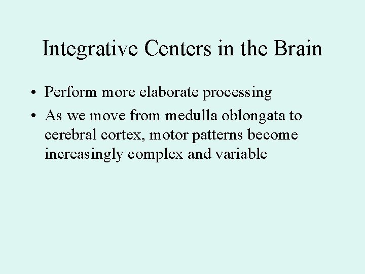 Integrative Centers in the Brain • Perform more elaborate processing • As we move