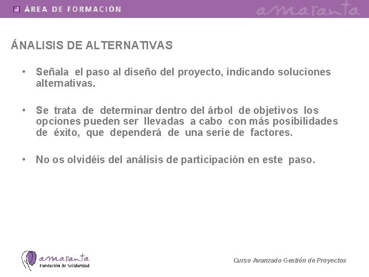 ÁNALISIS DE ALTERNATIVAS • Señala el paso al diseño del proyecto, indicando soluciones alternativas.