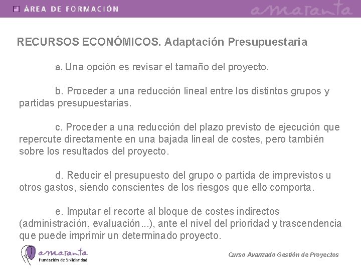 RECURSOS ECONÓMICOS. Adaptación Presupuestaria a. Una opción es revisar el tamaño del proyecto. b.