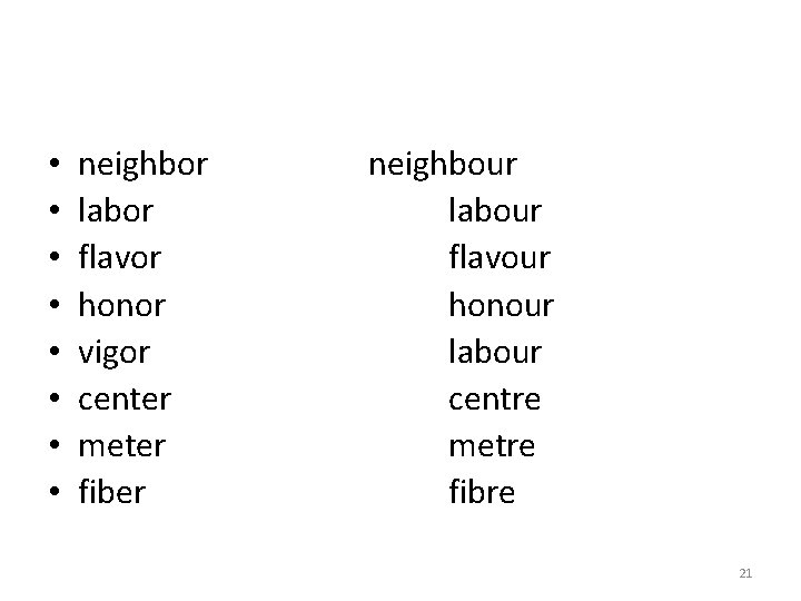  • • neighbor labor flavor honor vigor center meter fiber neighbour labour flavour