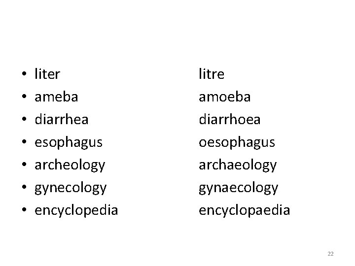  • • liter ameba diarrhea esophagus archeology gynecology encyclopedia litre amoeba diarrhoea oesophagus