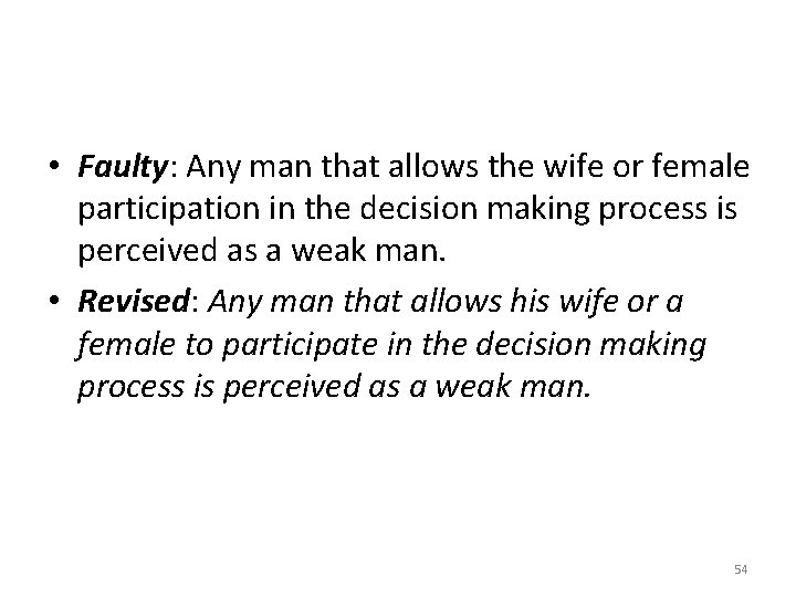 • Faulty: Any man that allows the wife or female participation in the