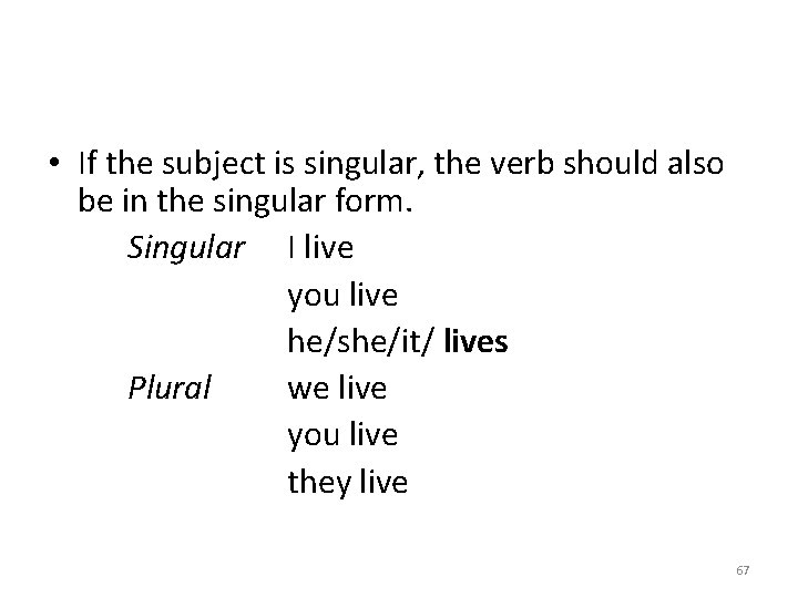  • If the subject is singular, the verb should also be in the