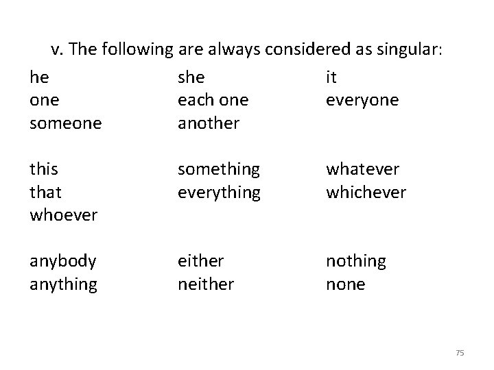 v. The following are always considered as singular: he she it one each one