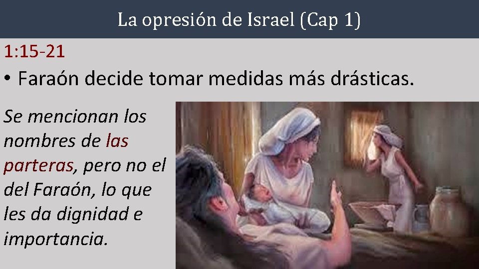 La opresión de Israel (Cap 1) 1: 15 -21 • Faraón decide tomar medidas