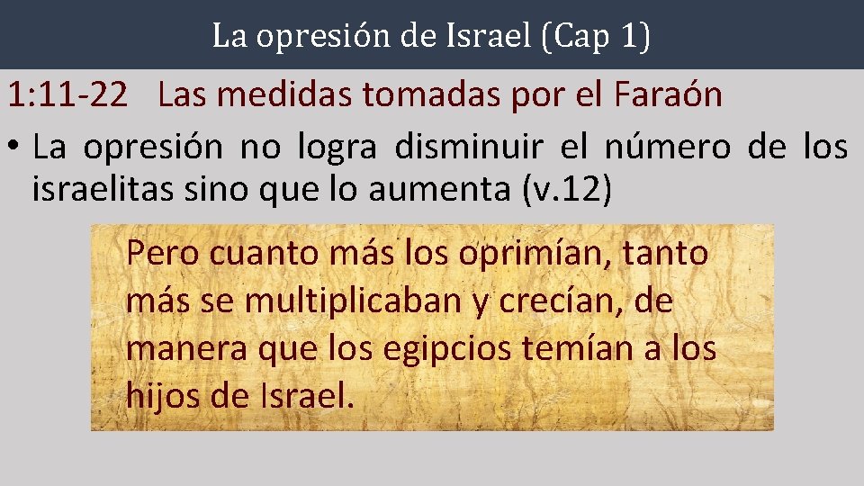 La opresión de Israel (Cap 1) 1: 11 -22 Las medidas tomadas por el