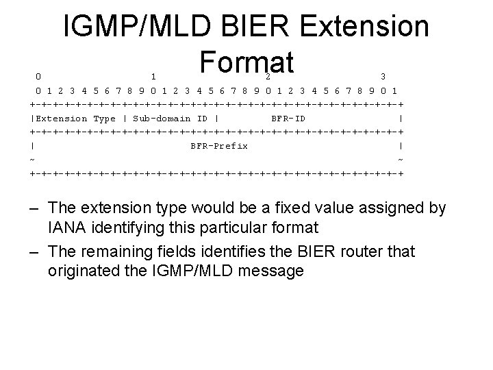 IGMP/MLD BIER Extension Format 0 1 2 3 4 5 6 7 8 9