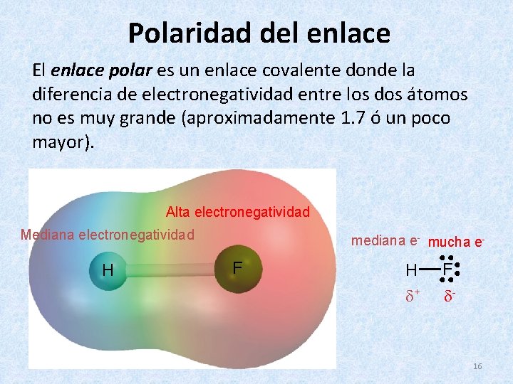 Polaridad del enlace El enlace polar es un enlace covalente donde la diferencia de