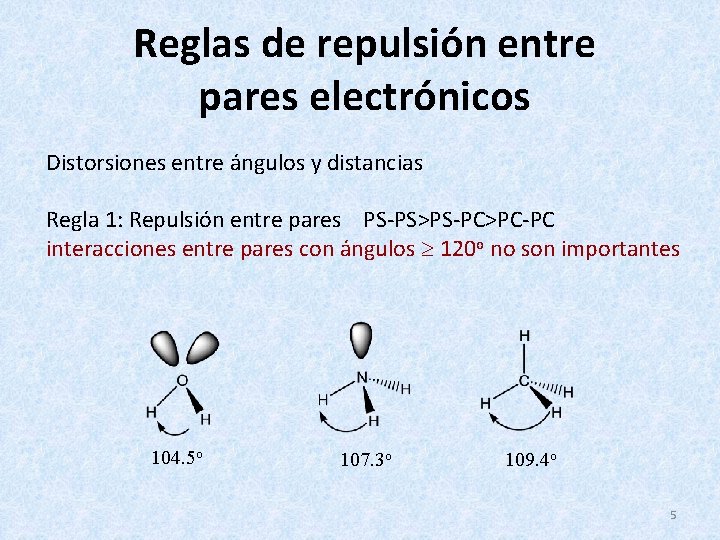 Reglas de repulsión entre pares electrónicos Distorsiones entre ángulos y distancias Regla 1: Repulsión