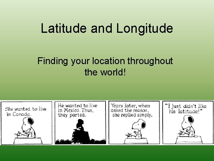 Latitude and Longitude Finding your location throughout the world! 
